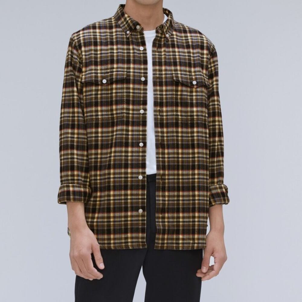 New Everlane Buttondown Flannel Shirt Green Cream Black Plaid Mens size XS